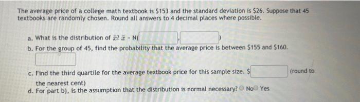Solved The average price of a college math textbook is $153 | Chegg.com