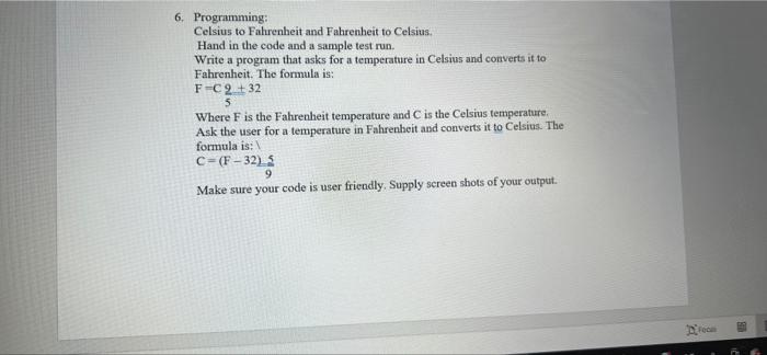 Solved 6. Programming: Celsius to Fahrenheit and Fahrenheit | Chegg.com