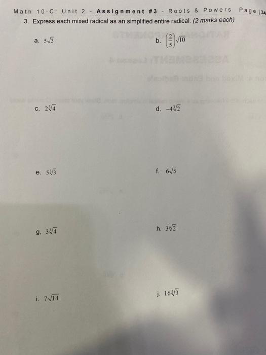 Solved Page 134 Math 10-C: Unit 2 - Assignment #3 - Roots & | Chegg.com