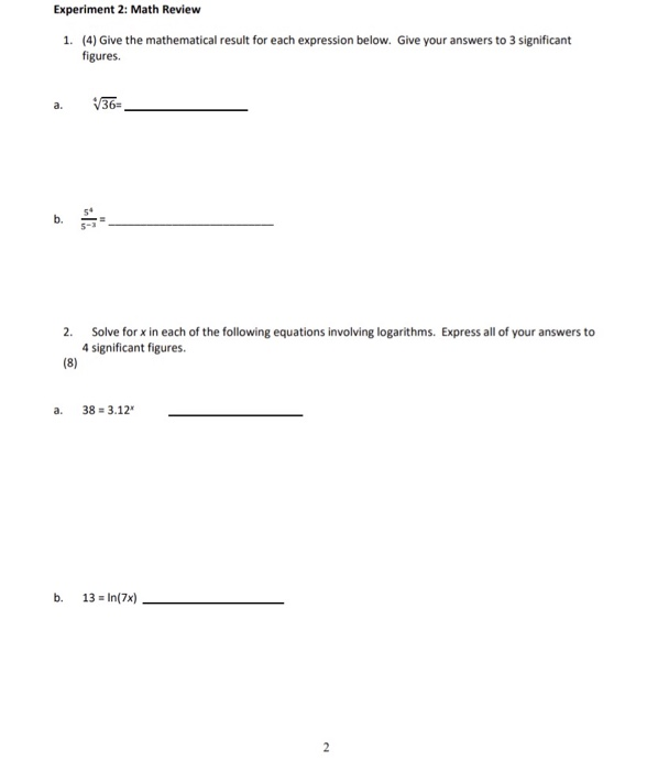 Solved Experiment 2: Math Review 1. (4) Give The 