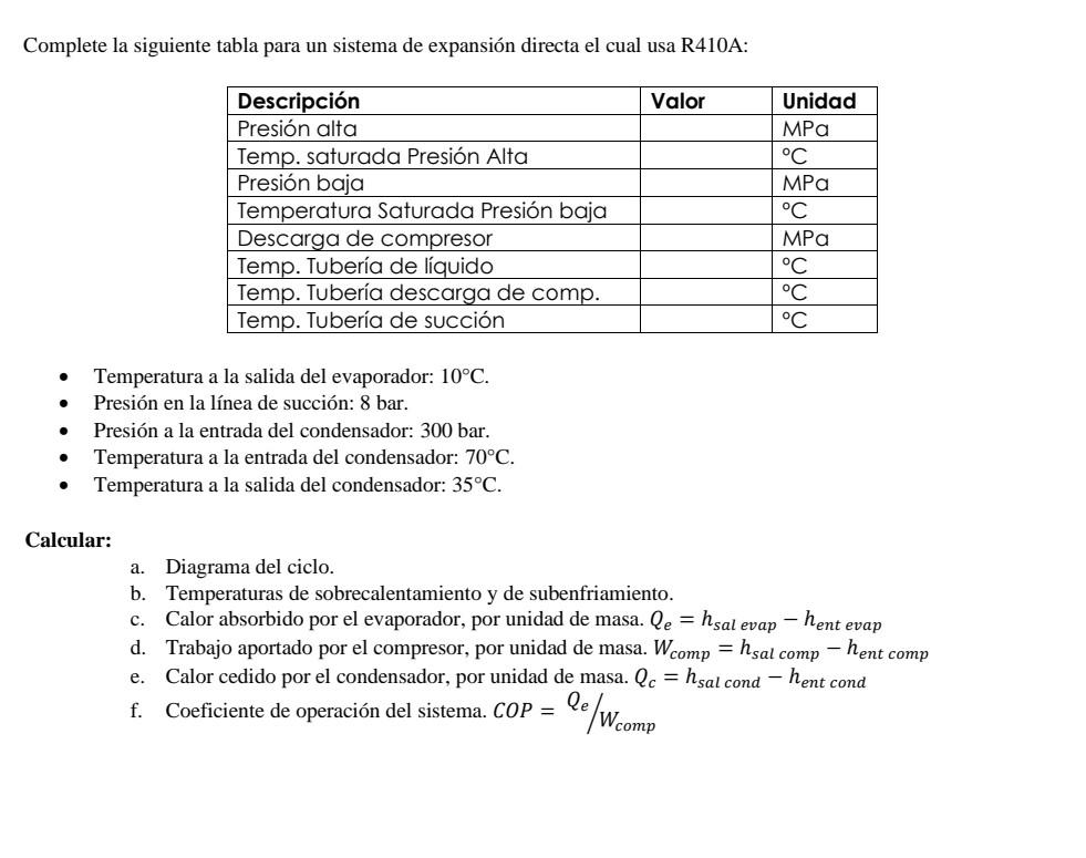 Complete la siguiente tabla para un sistema de expansión directa el cual usa R410A: - Temperatura a la salida del evaporador: