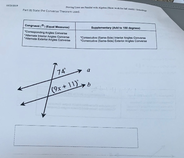 Solved 10/23/2019 Proving Lines are Parallel with Algebra 