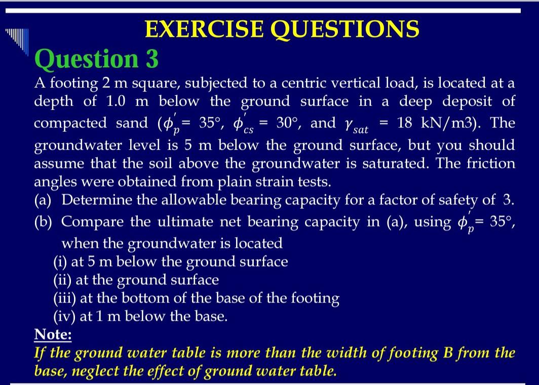 Solved EXERCISE QUESTIONS Question 3 A Footing 2 M Square, | Chegg.com