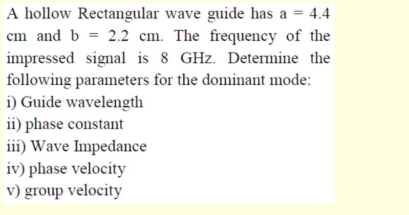 Solved = = A hollow Rectangular wave guide has a = 4.4 cm | Chegg.com