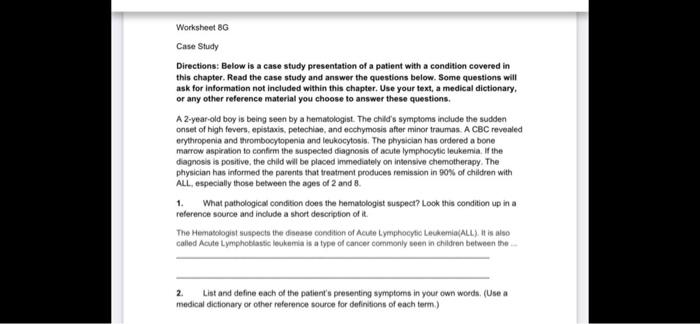 Worksheet 8G Case Study Directions: Below is a case study presentation of a patient with a condition covered in this chapter.