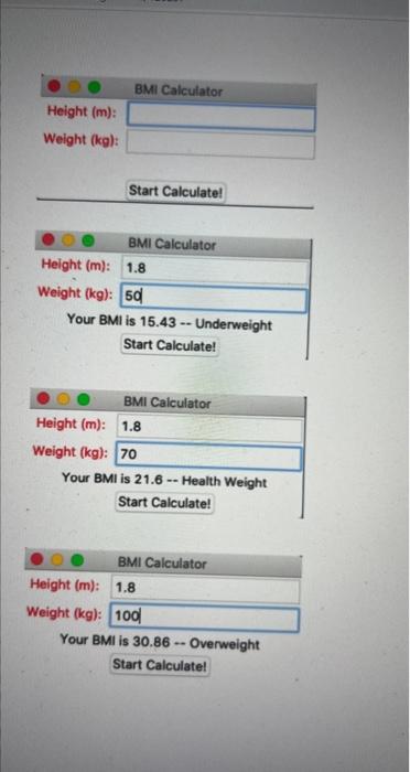 Solved BMI Calculator Create a class called BML_Calculator. | Chegg.com