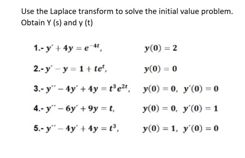 Use the Laplace transform to solve the initial value problem. Obtain \( Y(s) \) and \( y(t) \) 1. \( -y^{\prime}+4 y=e^{-4 t}