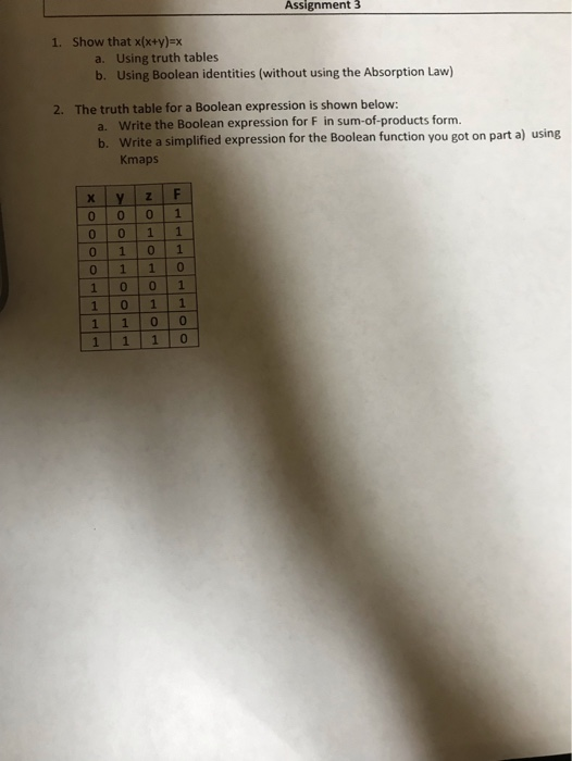 Solved Assignment 3 1. Show that x(x+y)=x a. Using truth | Chegg.com