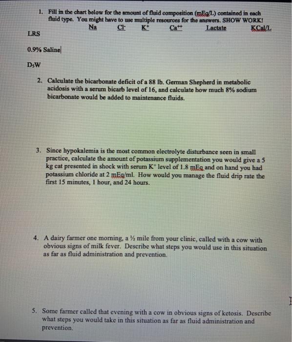 Solved 1. Fill in the chart below for the amount of fluid  Chegg.com