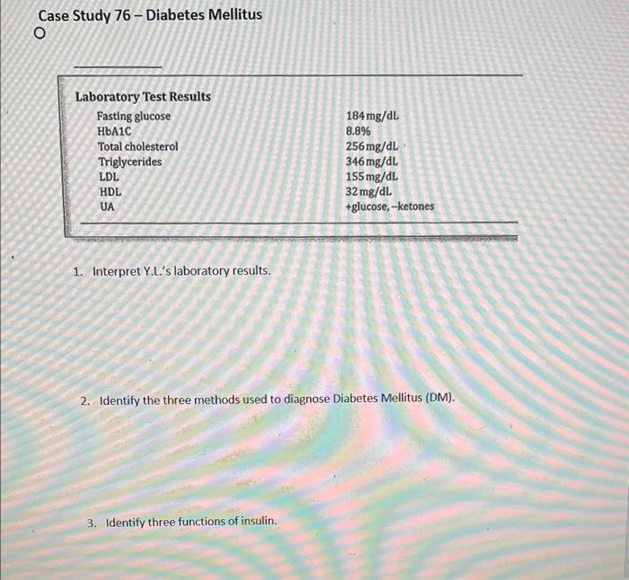 Solved Case Study 76 Diabetes Mellitus 1. Interpret Y.L.'s