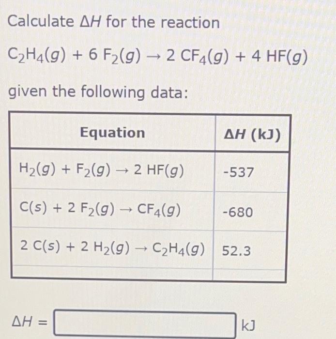 Calculate \( \Delta H \) for the reaction
\[
\mathrm{C}_{2} \mathrm{H}_{4}(g)+6 \mathrm{~F}_{2}(g) \rightarrow 2 \mathrm{CF}_