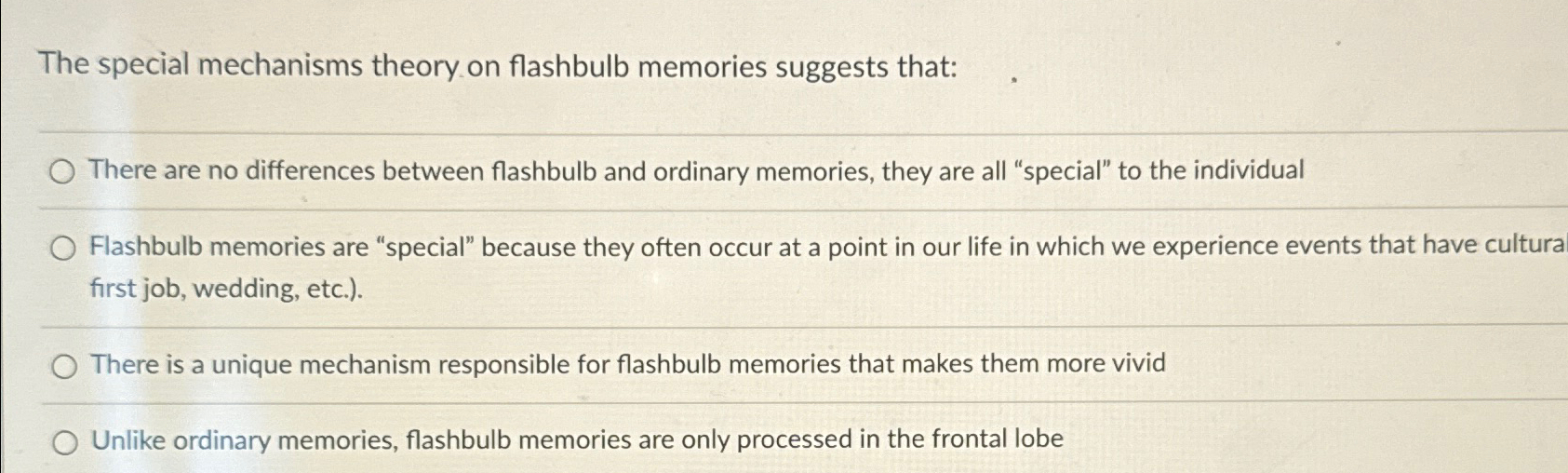 Solved The special mechanisms theory on flashbulb memories | Chegg.com