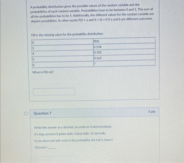 Solved A probability distribution gives the possible values | Chegg.com