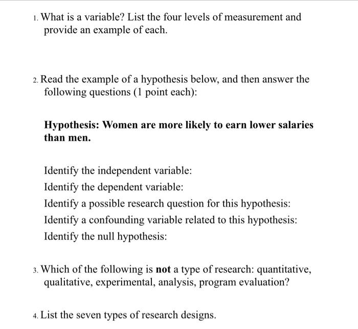 Solved 1. What is a variable? List the four levels of | Chegg.com