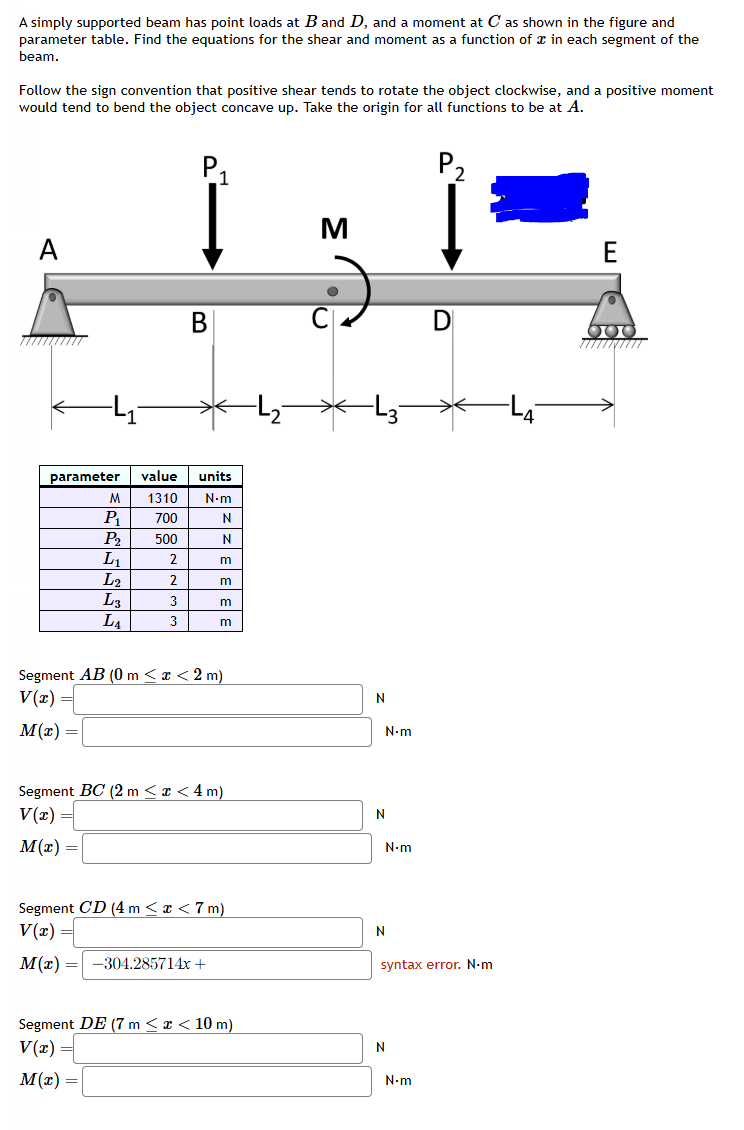 Solved A simply supported beam has point loads at B ﻿and D, | Chegg.com