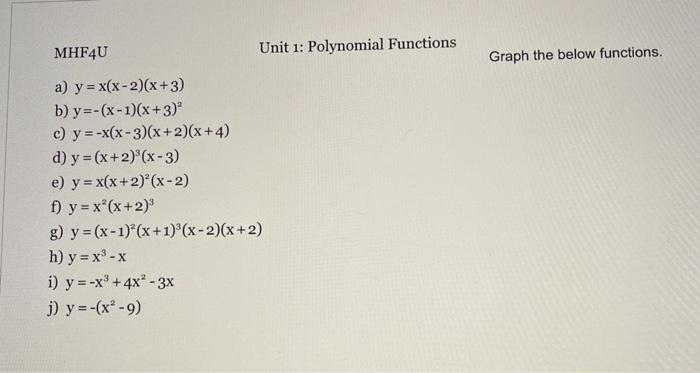 MHF4U Unit 1: Polynomial Functions Graph the below functions. a) y = x(x-2)(x+3) b) y=-(x - 1)(x+3) c) y = -x(x-3)(x+2)(x+4)