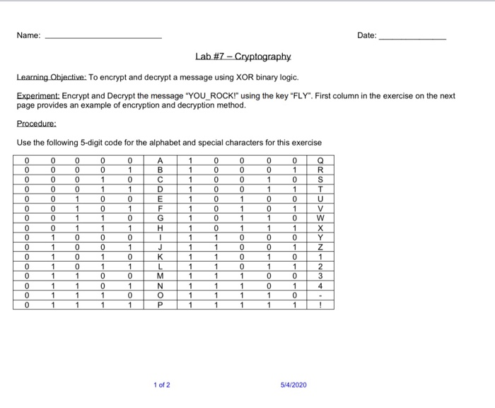 Solved Name: Date: Lab #7 - Cryptography Learning Objective: | Chegg.com