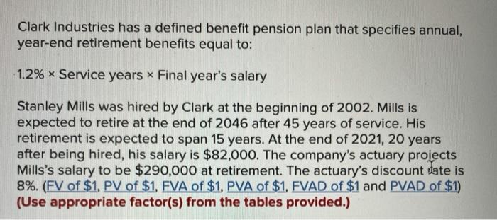 Solved Clark Industries has a defined benefit pension plan | Chegg.com