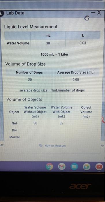 Solved Lab Data H Liquid Level Measurement Ml L Water Volume Chegg Com