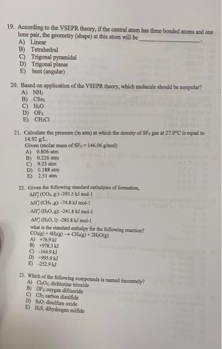 Solved 19. According To The VSEPR Theory, If The Central | Chegg.com