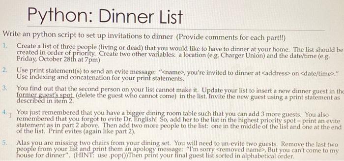 Solved Python: Dinner List Write an python script to set up | Chegg.com