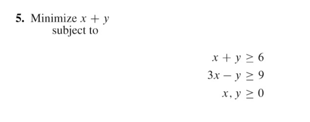 Solved 5. Minimize x + y subject to x + y > 6 3x – y 29 X, y | Chegg.com