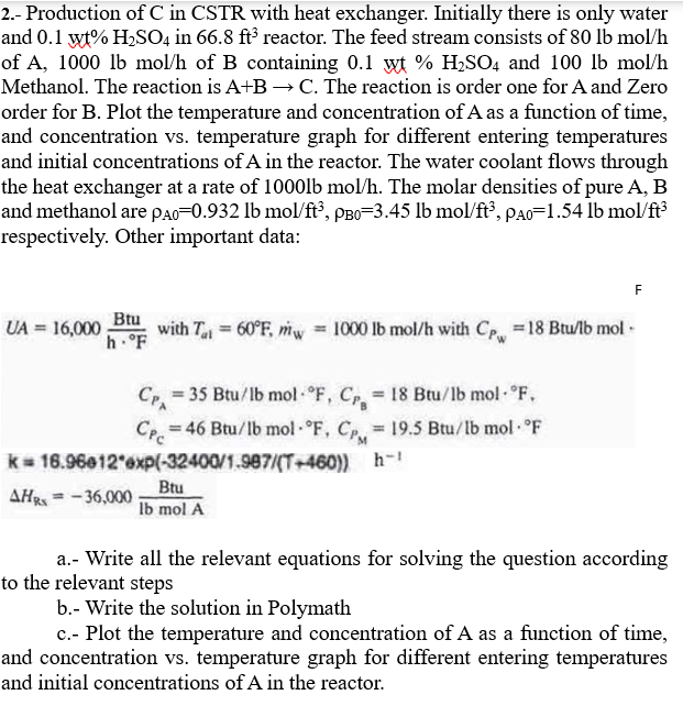 Solved 2.- ﻿Production of C in CSTR with heat exchanger. | Chegg.com