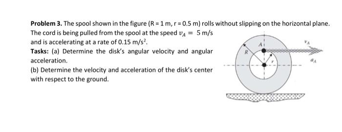 Problem 3. The spool shown in the figure \( (R=1 \mathrm{~m}, r=0.5 \mathrm{~m}) \) rolls The cord is being pulled from the s