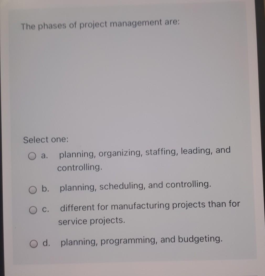 Solved The phases of project management are: Select one: O | Chegg.com