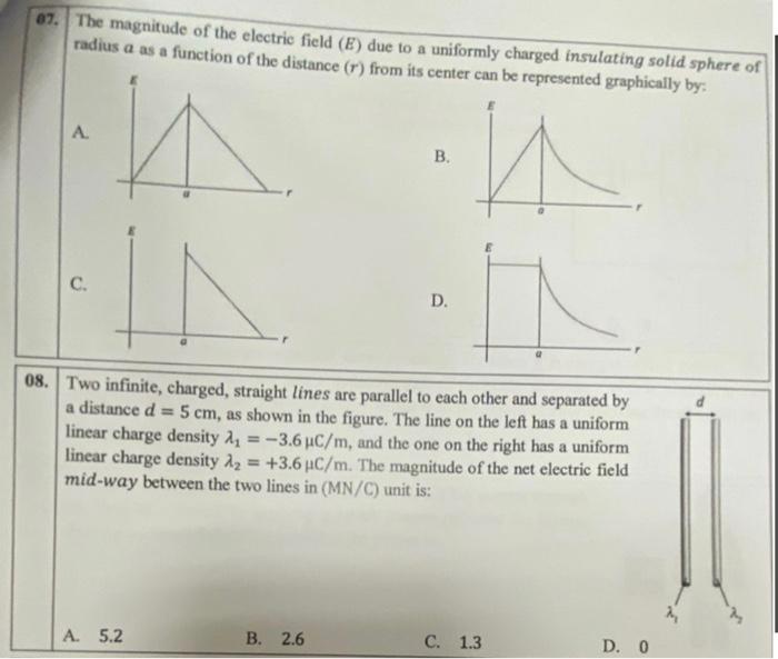 Solved 07. The magnitude of the electric field (E) due to a | Chegg.com