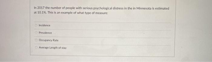In 2017 the number of people with serious psychological distress in the in Minnesota is estimated at 10.1%. This is an exampl