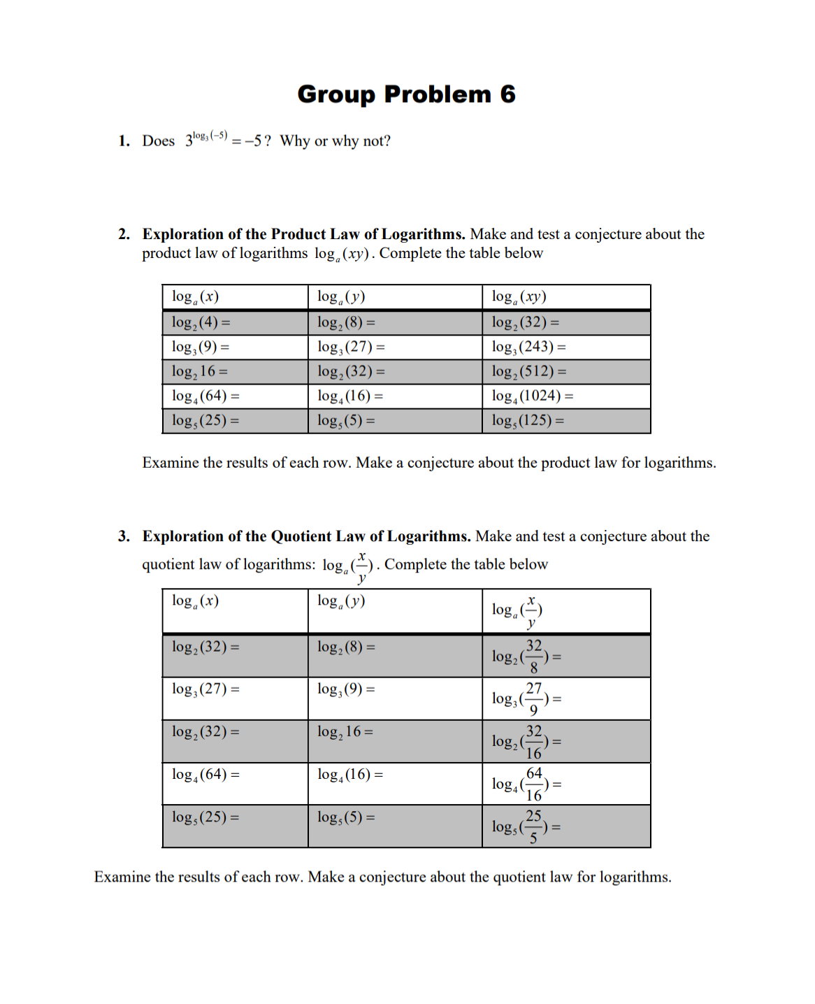 Solved Group Problem 6Does 3log3(-5)=-5 ? ﻿Why or why | Chegg.com