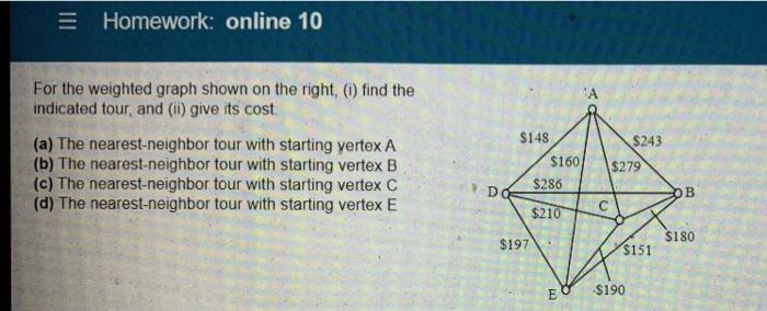 Solved = Homework: online 10 For the weighted graph shown on | Chegg.com