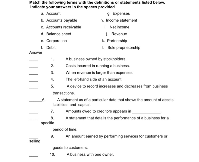 Solved Match the following terms with the definitions or | Chegg.com