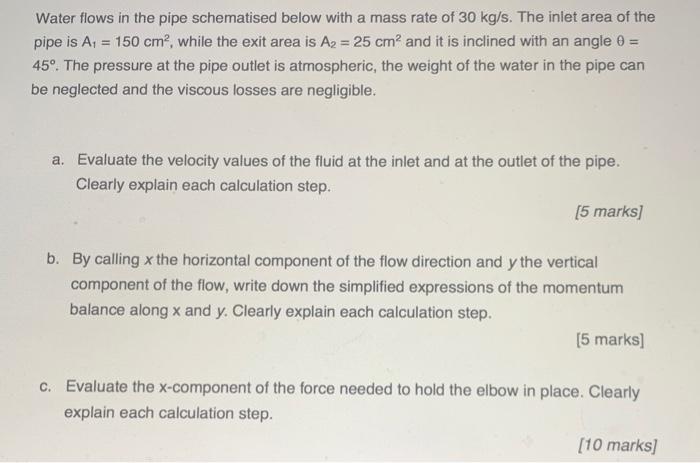 Solved Water flows in the pipe schematised below with a mass | Chegg.com