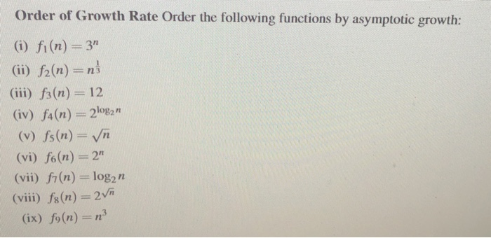 Solved Order Of Growth Rate Order The Following Functions By | Chegg.com