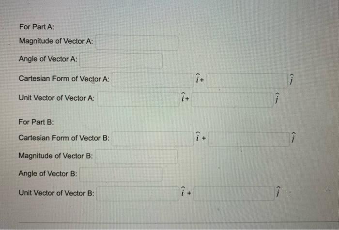 For Part A:
Magnitude of Vector A:
Angle of Vector A:
For Part B:
Cartesian Form of Vector B:
Magnitude of Vector B:
Angle of