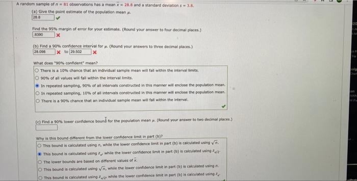 Solved A random sample of n = 81 observations has a mean x | Chegg.com