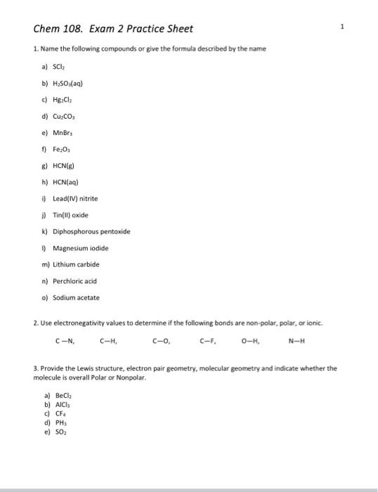 Solved 1 Chem 108. Exam 2 Practice Sheet 1. Name the | Chegg.com