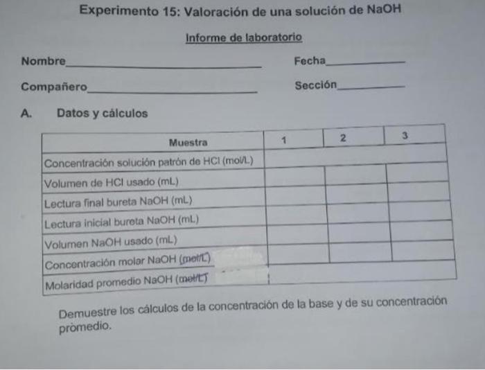 Experimento 15: Valoración de una solución de \( \mathrm{NaOH} \) A. Datos y cálculos Demuestre los cálculos de la concentrac