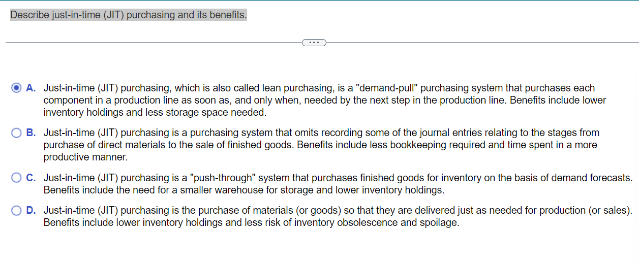 Solved Describe just-in-time (JIT) ﻿purchasing and its | Chegg.com