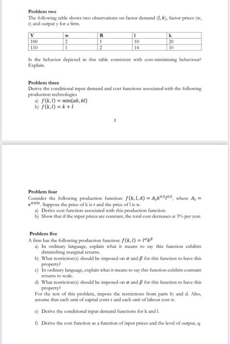 Problem Two The Following Table Shows Two | Chegg.com