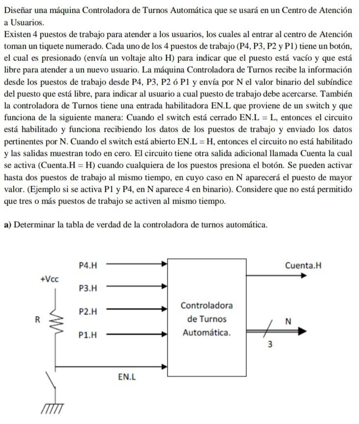 Diseñar una máquina Controladora de Turnos Automática que se usará en un Centro de Atención a Usuarios. Existen 4 puestos de