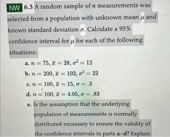 Solved NW 6.3 A random sample of n measurements was selected | Chegg.com
