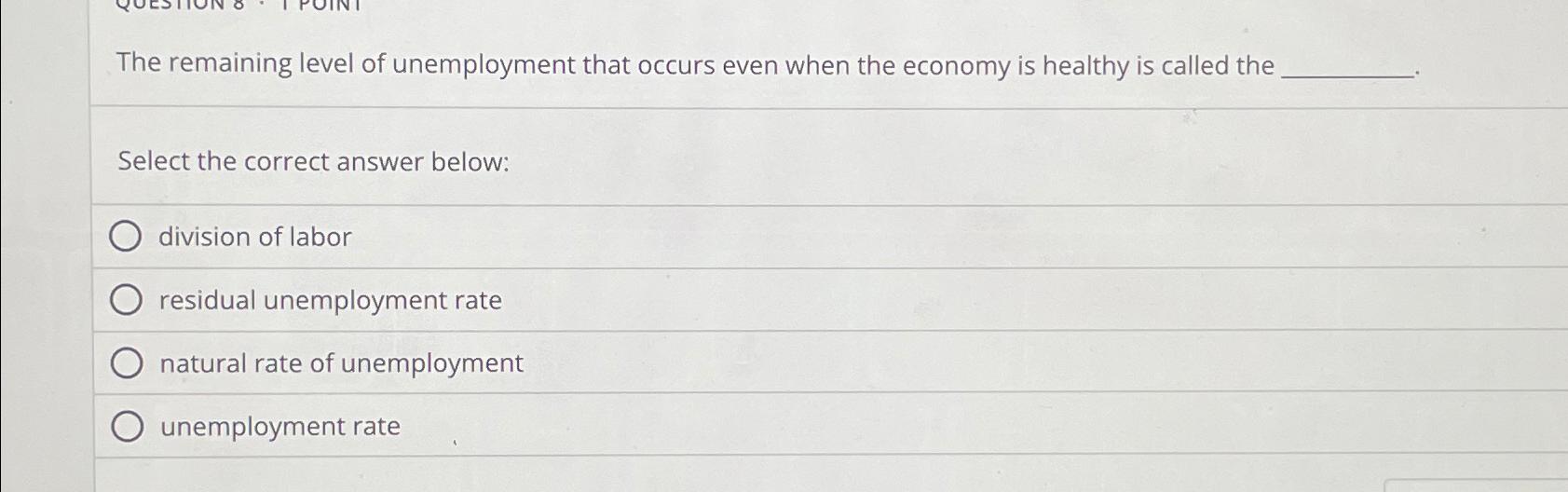 Solved The remaining level of unemployment that occurs even