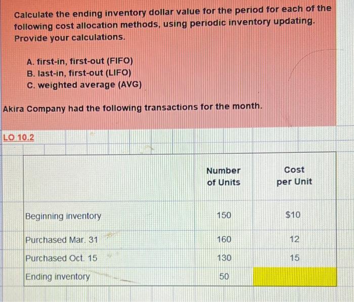 Solved Calculate the ending inventory dollar value for the