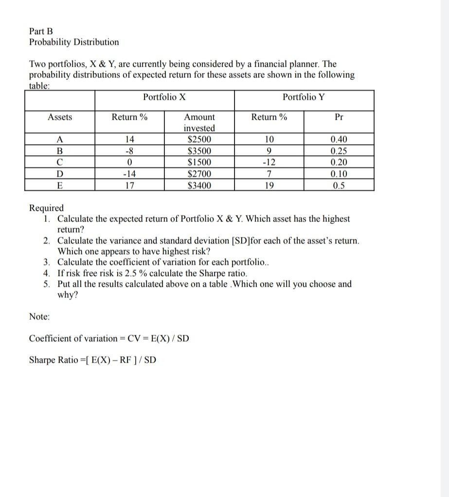 Solved Part B Probability Distribution Two portfolios, X & | Chegg.com