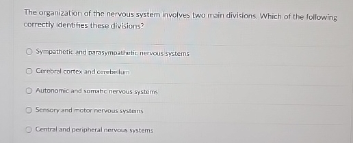 Solved The organization of the nervous system involves two | Chegg.com