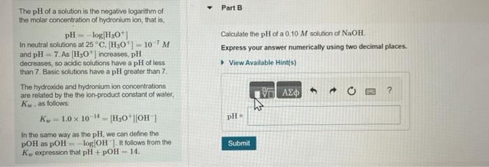 Solved The pH of a solution is the negative logarithm of the | Chegg.com