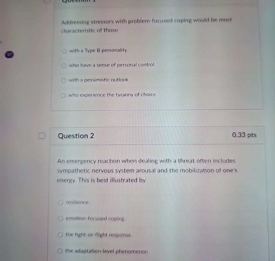 Solved Addressing stressors with problem-focused coping | Chegg.com